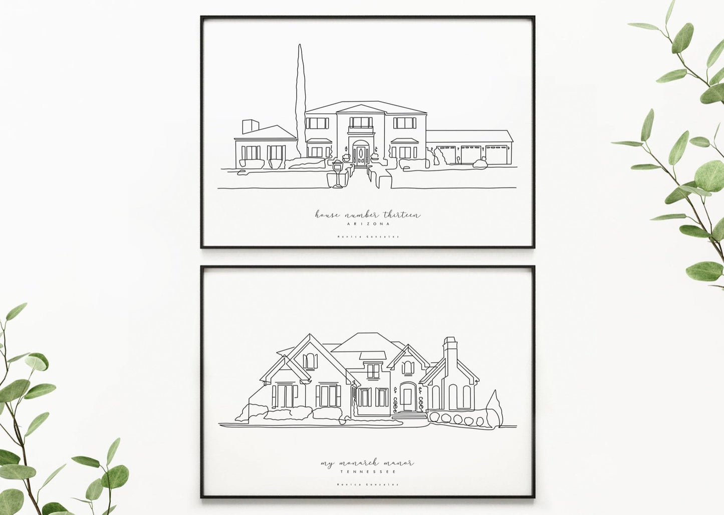 Custom line house portrait set of two