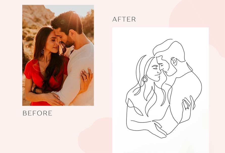 Custom line portrait comparison. Picture of reference (before) vs. final line illustration result (after)
