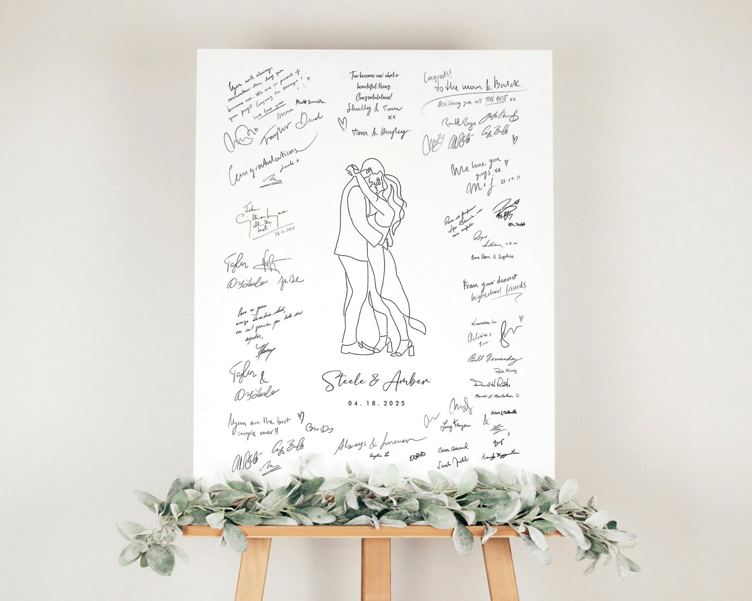 Wedding guest book line art on a easel