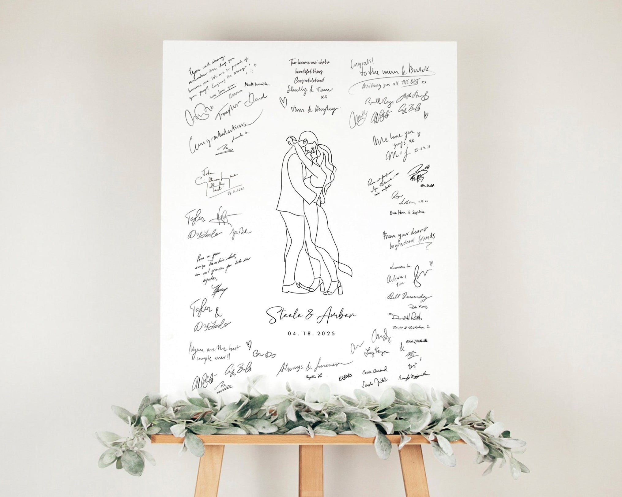Wedding guest book line art on a easel