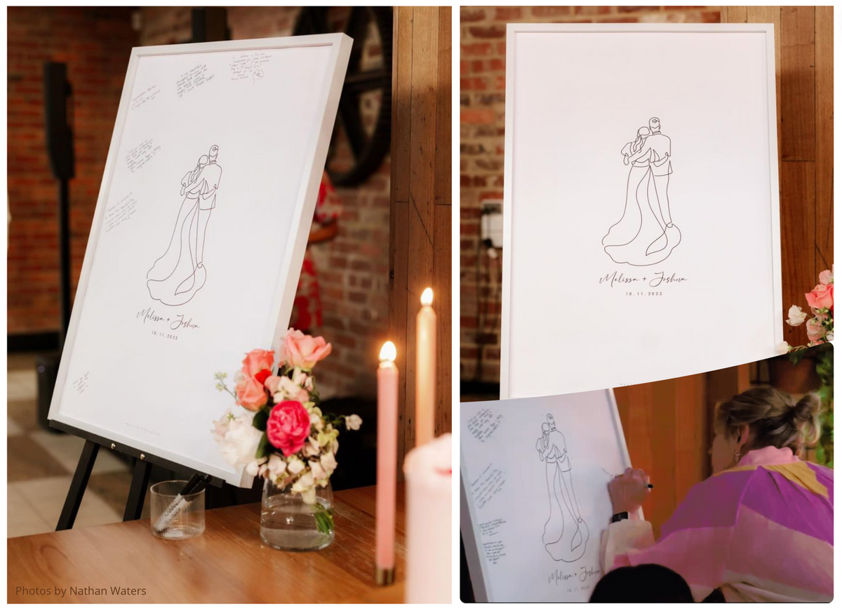 Collage of an alternative wedding guest book poster design on a white board with a guest of the wedding  leaving their signature on the artwork.