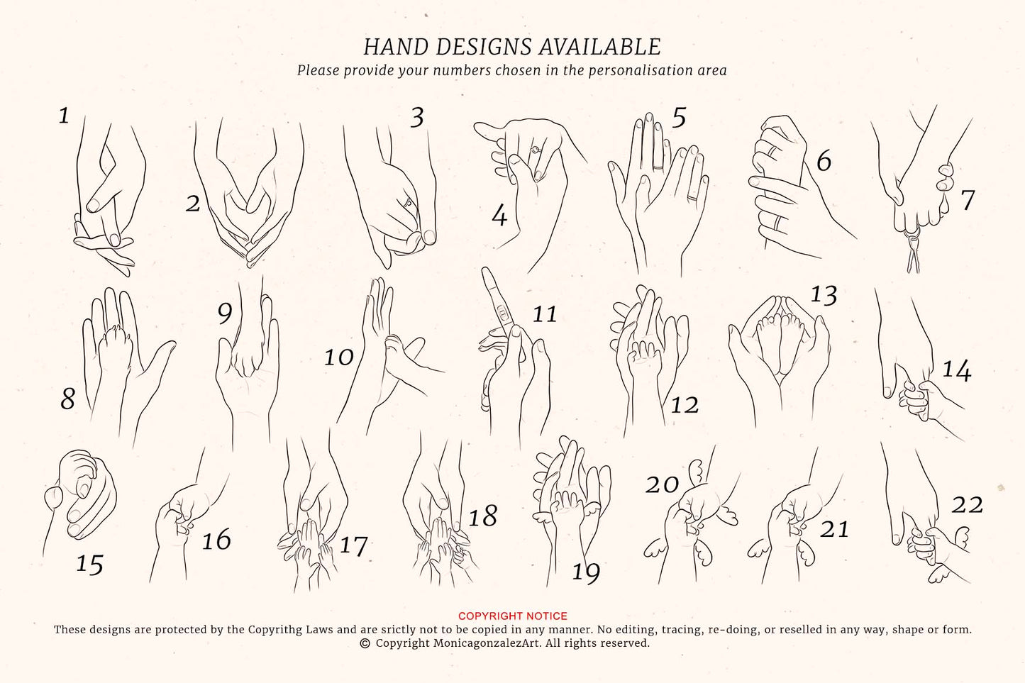 Line drawings of hands. Parents, pets and baby hands that represent important moments on our lives. Minimalist hand illustrations
