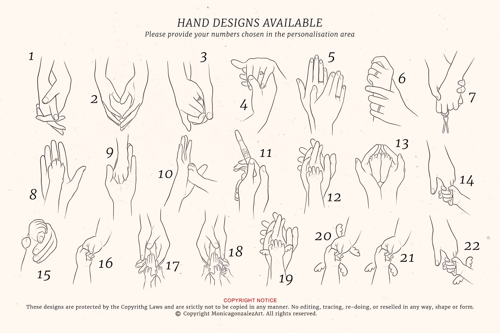 Line drawings of hands. Parents, pets and baby hands that represent important moments on our lives. Minimalist hand illustrations