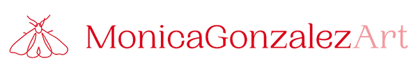 A red logo featuring a stylized moth icon next to the text 'MonicaGonzalezArt' on a plain white background.