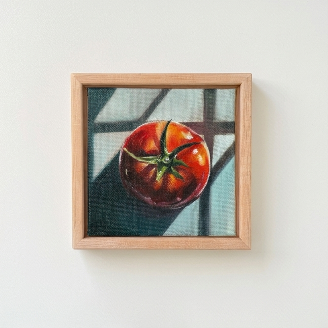 A framed still life painting of a red tomato on a light wood frame, mounted on a plain white wall.