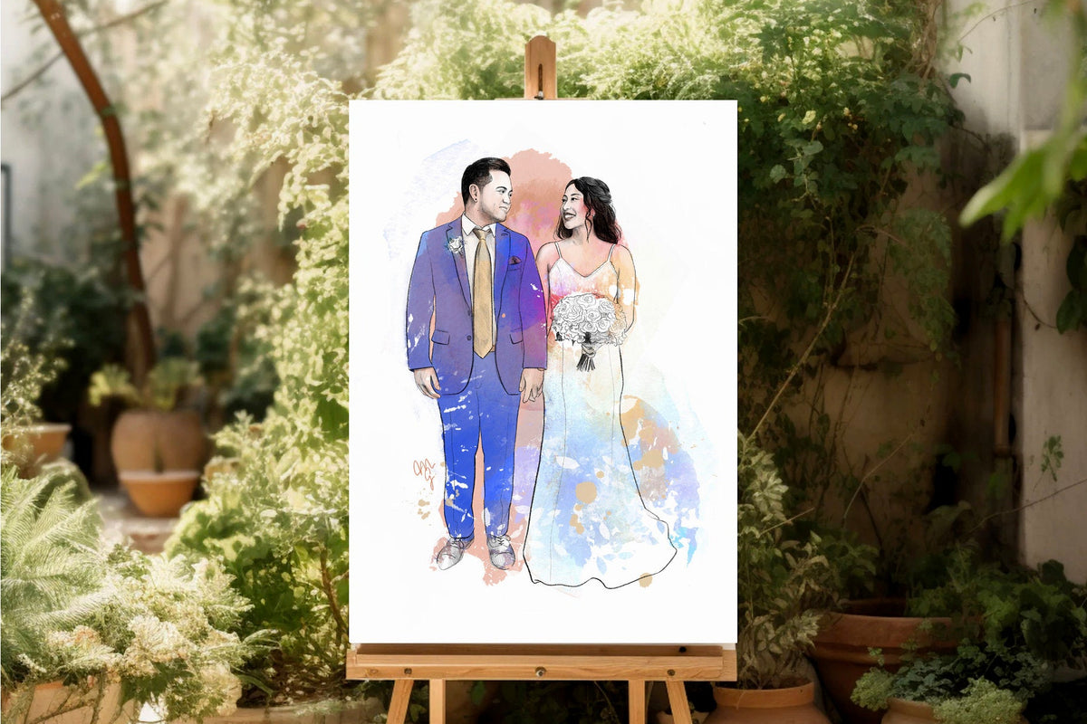 A custom watercolor portrait of a couple on a white canvas print, displayed on a wooden easel in an outdoor garden setting with potted plants.