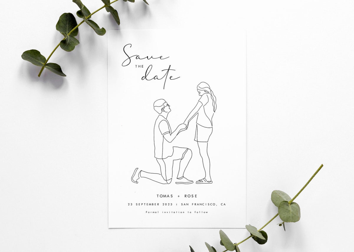 A Save the date card with white background with a custom line art portrait drawing of the couple when they got engaged