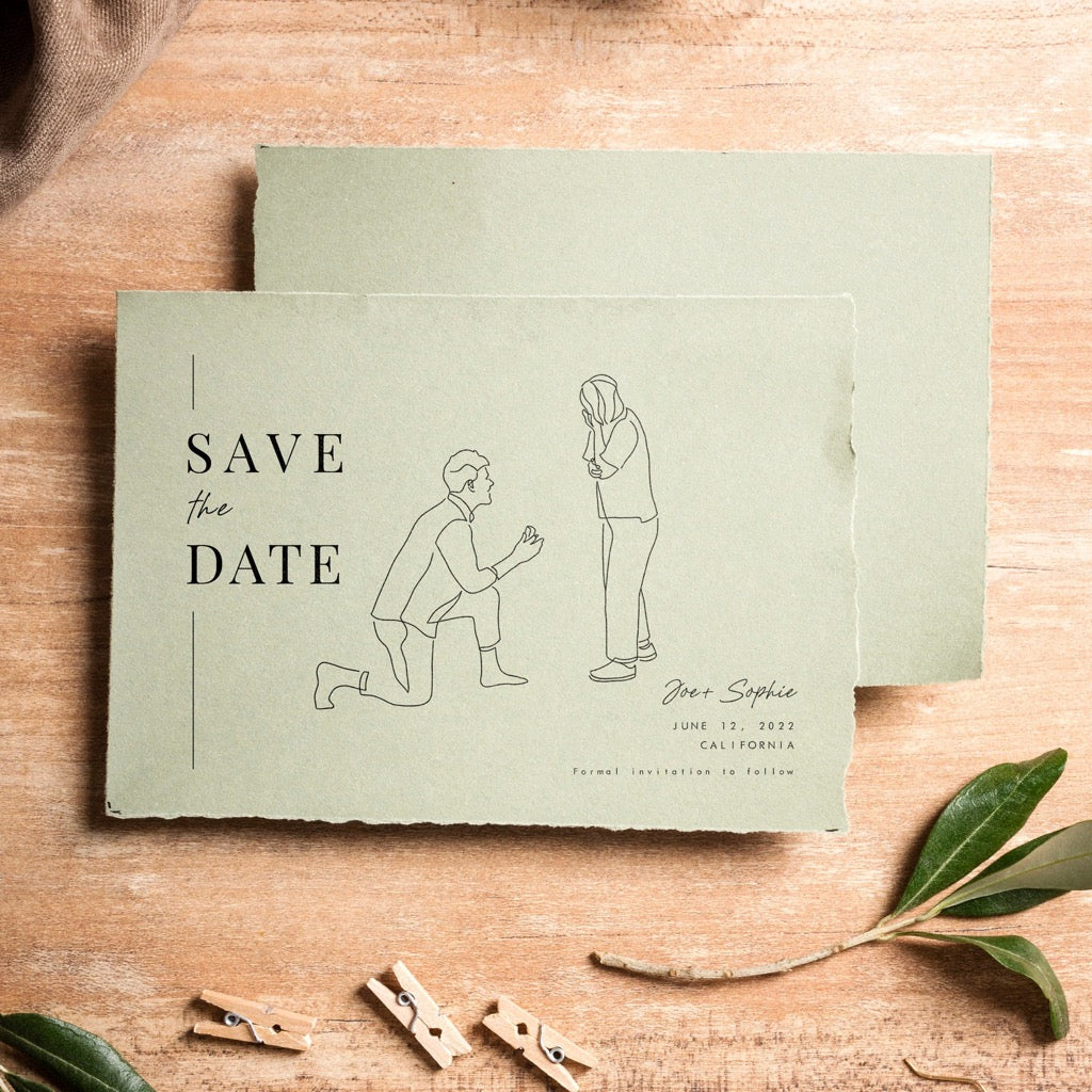 Save the date card in green earthy paper with a line art drawing of the guy in one knee proposing to her.
