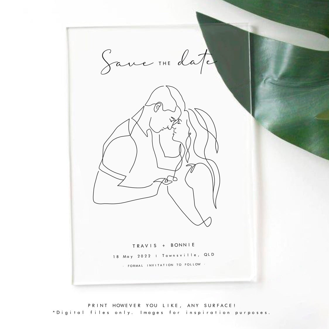 Save the date printed on a transparent acrylic piece featuring a line art portrait of the couple holding hands.