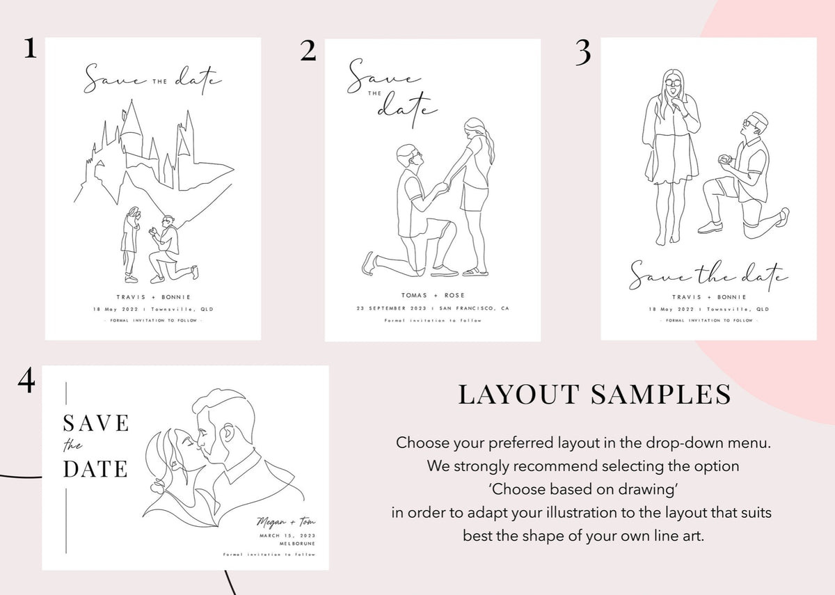4 different layout samples for save the date cards to choose your preferred one
