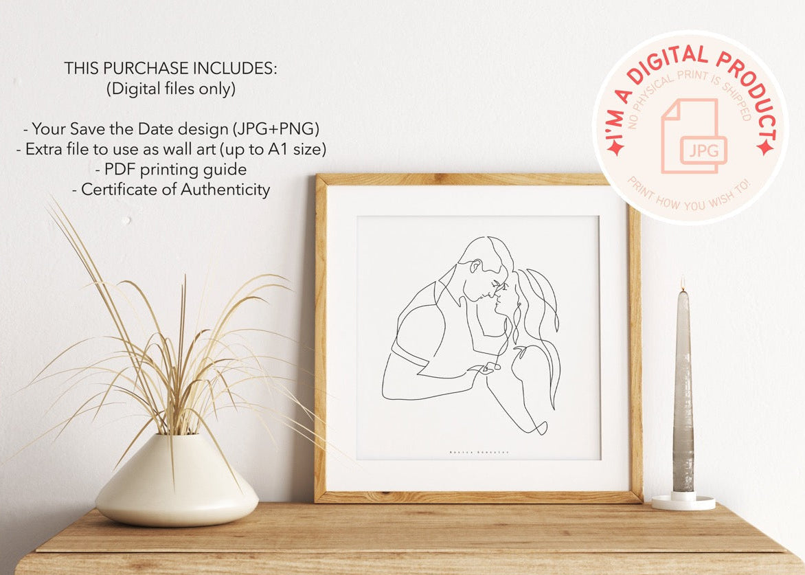 Line art portrait of a couple holding hands framed on a wooden frame with a white mat around it resting on a wooden table with a floral arrangement and a candle next to it