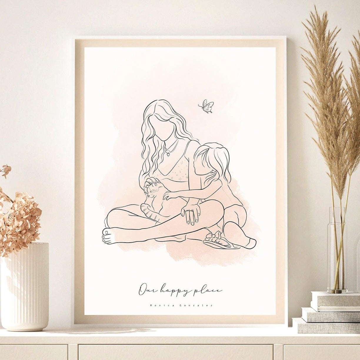 Mother and daughter faceless line drawing. Faceless portrait on a frame. 