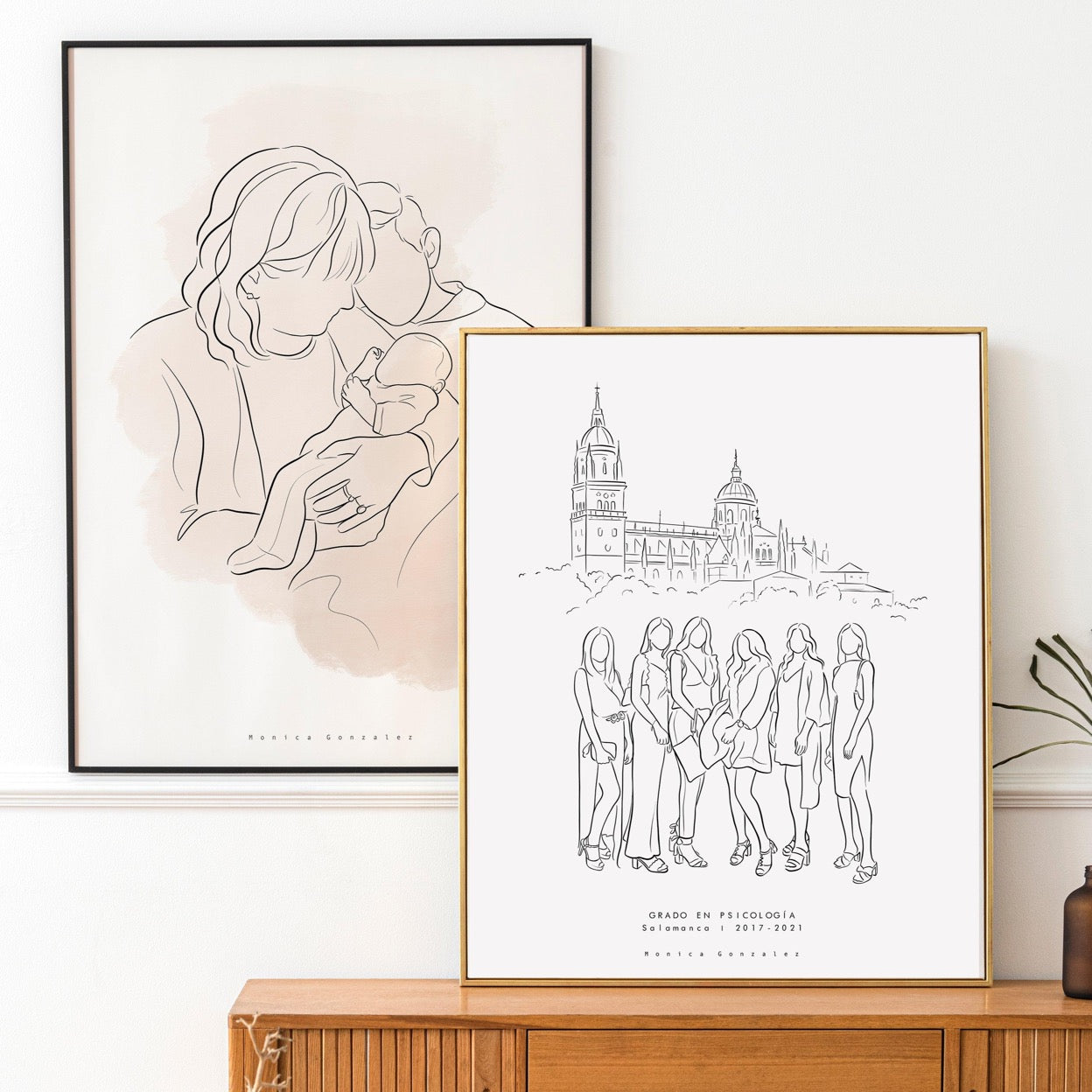 Family faceless line drawing and faceless line drawing of a group of friends. Faceless portraits.