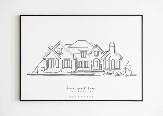 Minimalist line drawing of a house with the address at the bottom and a text that reads home sweet home