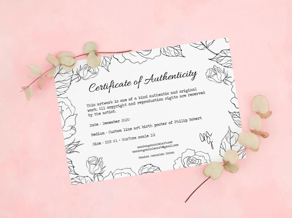 Certificate of Authenticity of the birth poster included with your purchase
