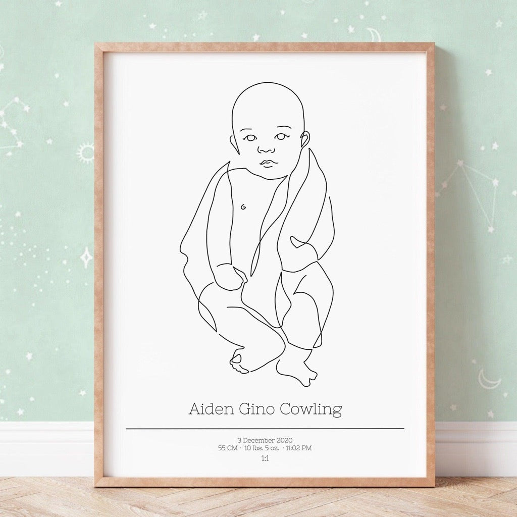 Birth poster 1:1 scale. Custom baby line art