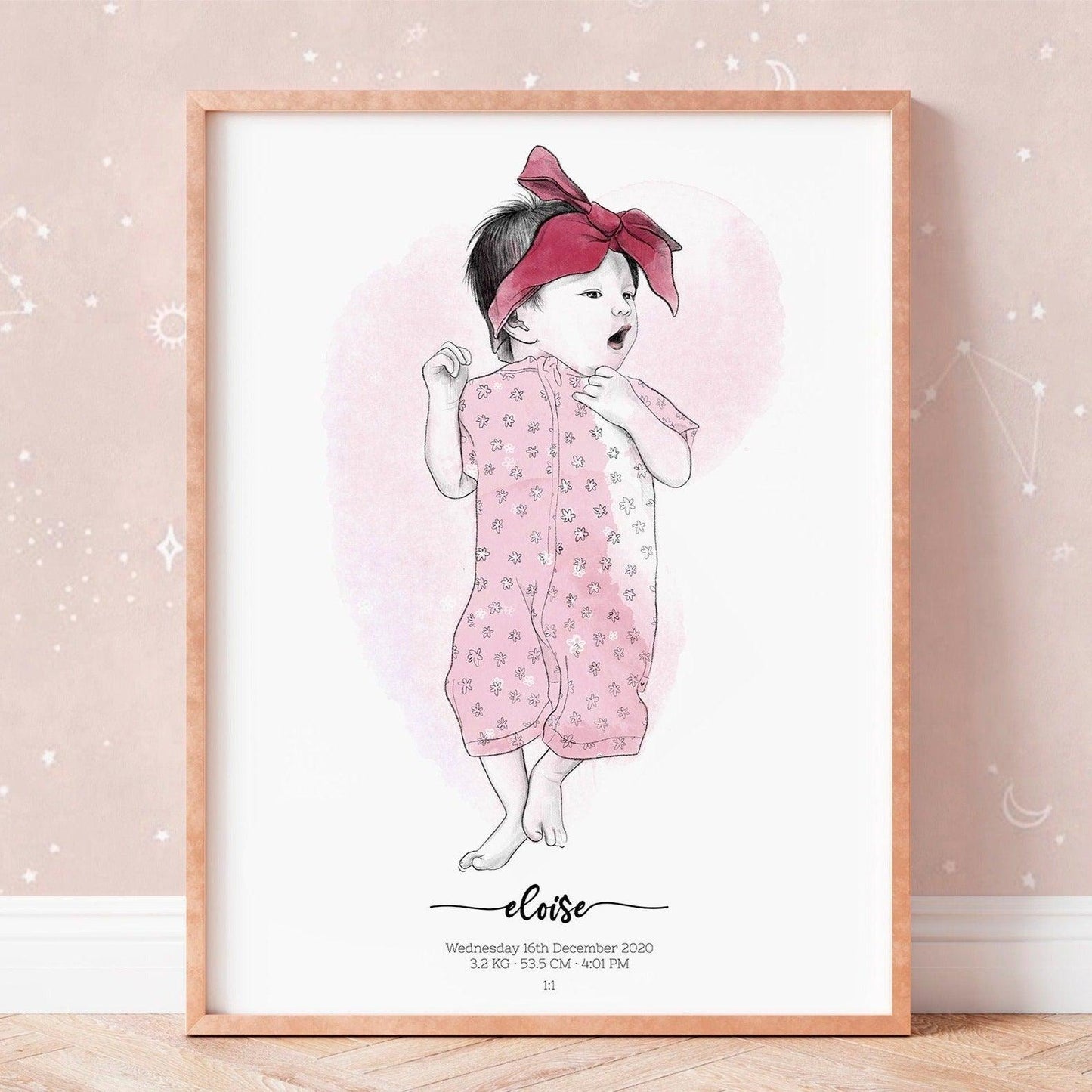 Custom birth poster hand drawn 1:1 scale