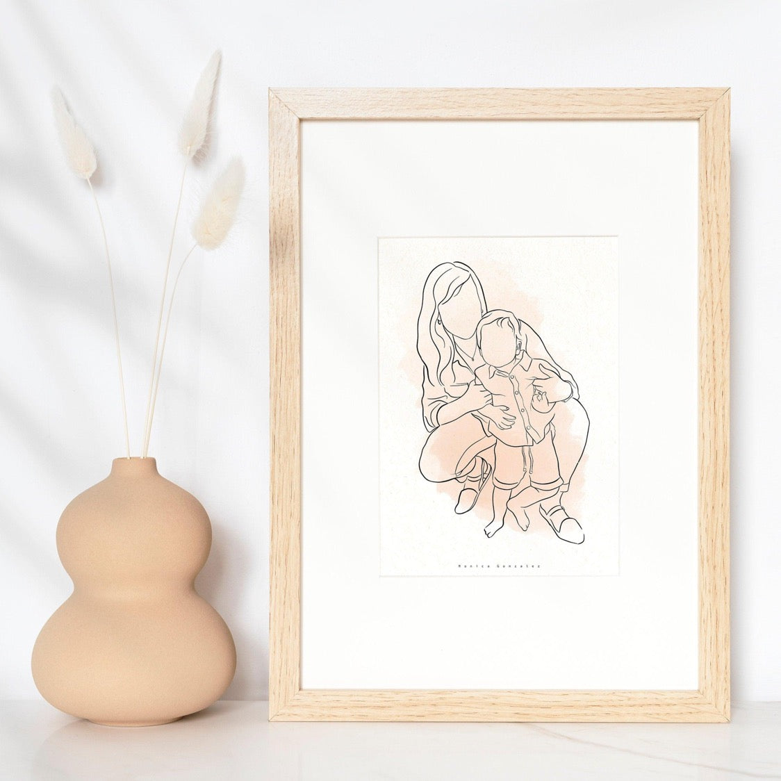 Mom and kid faceless line drawing. Faceless portrait on a frame. 