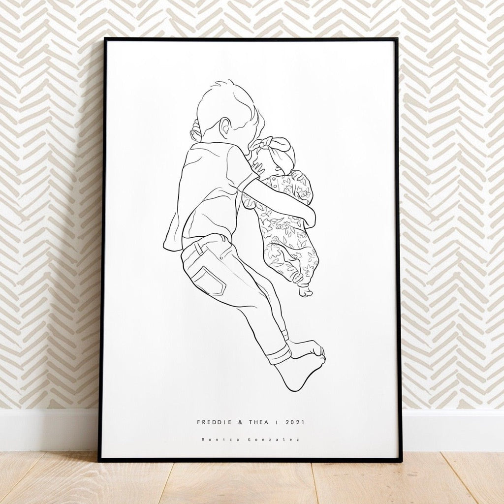 Siblings line drawing. Faceless line portrait