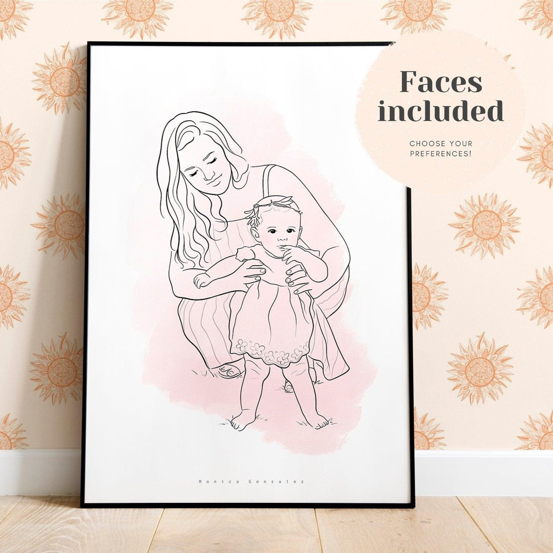 Custom line drawing mother and toddler portrait. Mother's Day gift