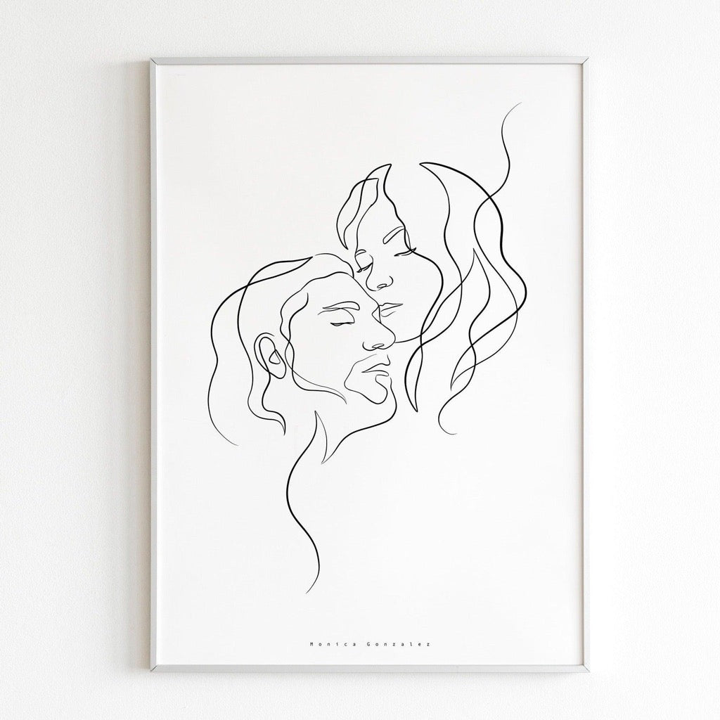 Continuous line art portrait. Custom couple tattoo