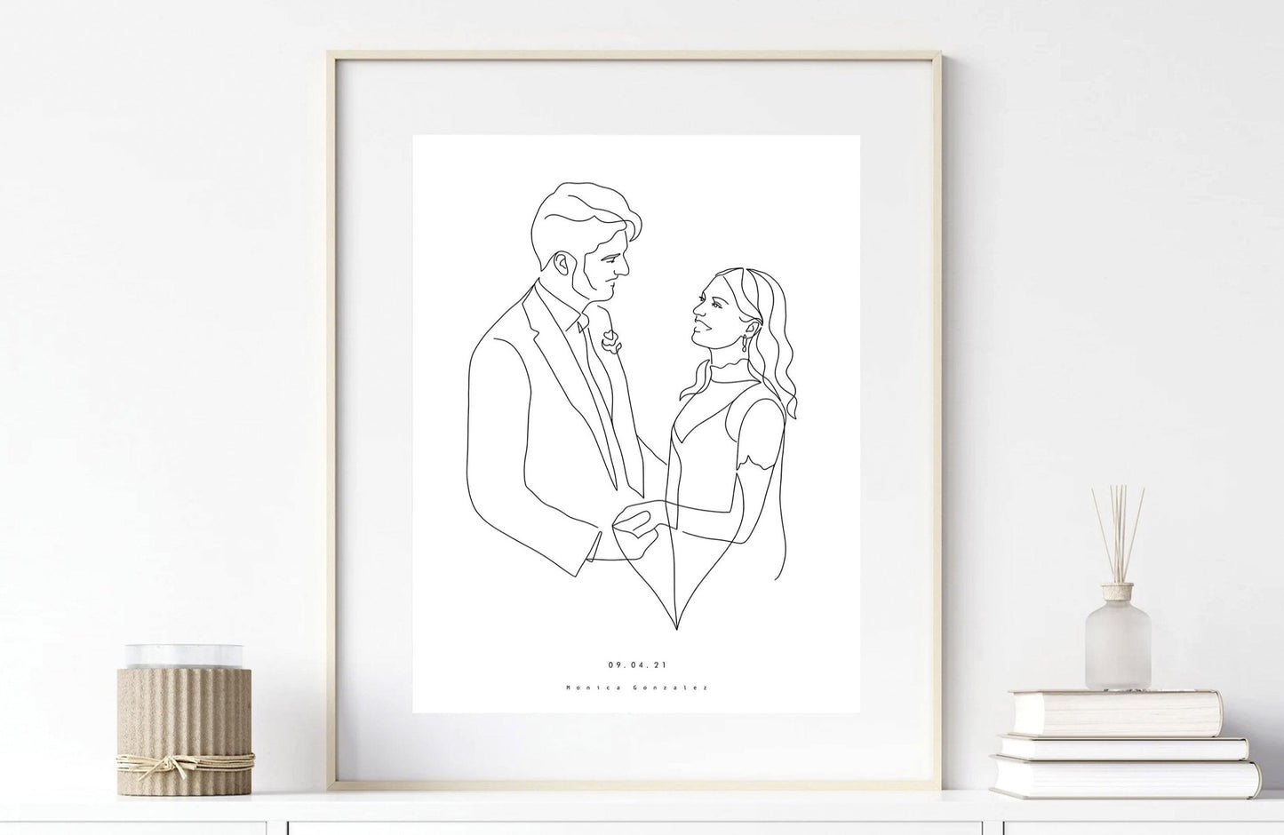 Line portrait of a couple in their wedding day looking at each other. One line art illustration