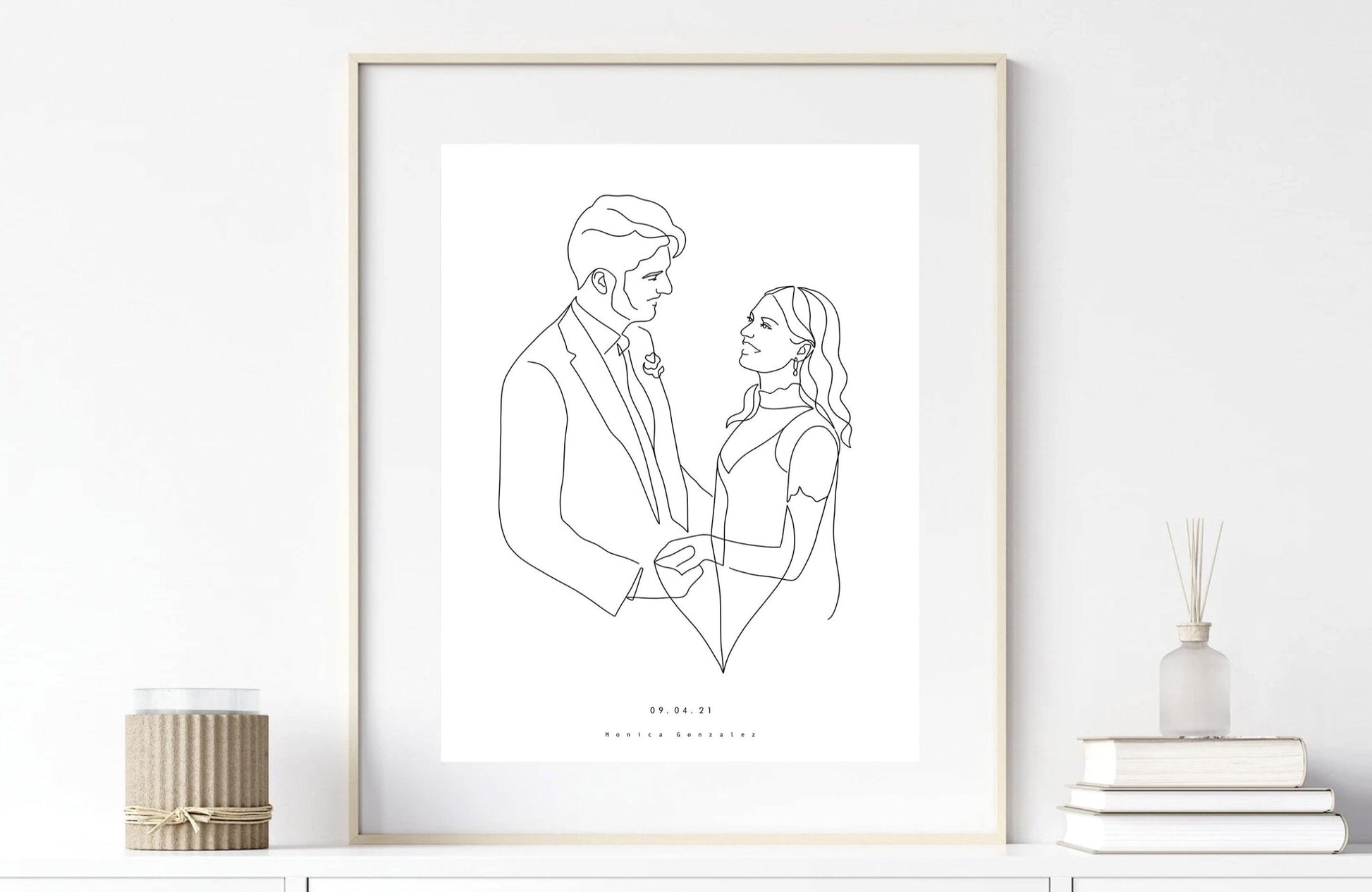 Line portrait of a couple in their wedding day looking at each other. One line art illustration
